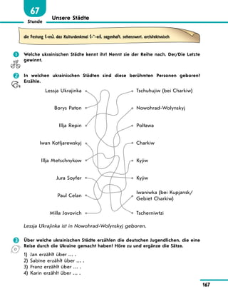 Stunde
167
67
Unsere Städte
die Festung (-en), das Kulturdenkmal (--er), sagenhaft, sehenswert, architektonisch
 Welche ukrainischen Städte kennt ihr? Nennt sie der Reihe nach. Der/Die Letzte
gewinnt.
 In welchen ukrainischen Städten sind diese berühmten Personen geboren?
Erzähle.
Lessja Ukrajinka Tschuhujiw (bei Charkiw)
Borys Paton Nowohrad-Wolynskyj
Illja Repin Poltawa
Iwan Kotljarewskyj Charkiw
Illja Metschnykow Kyjiw
Jura Soyfer Kyjiw
Paul Celan
Iwaniwka (bei Kupjansk/
Gebiet Charkiw)
Milla Jovovich Tscherniwtzi
Lessja Ukrajinka ist in Nowohrad-Wolynskyj geboren.
 Über welche ukrainischen Städte erzählen die deutschen Jugendlichen, die eine
Reise durch die Ukraine gemacht haben? Höre zu und ergänze die Sätze.
1) Jan erzählt über … .
2) Sabine erzählt über … .
3) Franz erzählt über … .
4) Karin erzählt über … .
 