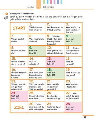 1
Lektion Lebensweise
35
 Würfelspiel «Lebensweise».
Spielt zu zweit. Würfelt der Reihe nach und antwortet auf die Fragen oder
geht auf ein anderes Feld.
START
1.
Wo kann man
sich erholen?
2.
Wo kann man im
Urlaub wohnen?
3.
Was machst du
gern in deiner
Freizeit?
7
.
Woran denkst
du oft?
6.
Was machst du
abends?
5. Welches
Hobby hat dein
Freund/deine
Freundin?
4.
Geh auf
Feld 6!
8.
Wovon träumst
du?
9.
Geh auf
Feld 11!
10.
Was gehört zur
aktiven Erholung?
11. Erzäh-
le über deine
Brieffreunde.
15.
Wofür interes-
sierst du dich?
14.
Was ist
schädlich?
13.
Geh auf
Feld 12!
12.
Was ist
gesund?
16.
Welche Hobbys
kann man
haben?
17.
Wie sieht dein
Freund/deine
Freundin aus?
18.
Geh auf
Feld 20!
19.
Was machst du
morgens?
23.
Warum machen
einige Men-
schen Diät?
22.
Was machst du
meistens am
Wochenende?
21.
Was hast du
im Sommer
gemacht?
20.
Was machen
Pfadfinder?
24.
Geh auf
Feld 23!
25.
Beschreibe kurz
eine Diät.
26.
Beschreibe
deinen Alltag.
27. Was
siehst du gern
im Fernsehen?
ZIEL
30. Wor-
über ärgerst du
dich meistens?
29.
Welchen Sport
machst du?
28.
Geh auf
Feld 26!
 