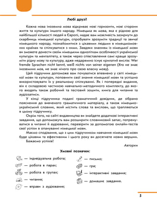 5
Любі друзі!
Кожна нова іноземна мова відкриває нові горизонти, нові сторони
життя та культури іншого народу. Німецька як мова, яка є рідною для
найбільшої кількості людей в Європі, надає вам можливість зазирнути до
скарбниць німецької культури, спробувати зрозуміти традиції та звичаї
німецького народу, познайомитися з цікавими людьми в німецькомов-
них країнах та спілкуватися з ними. Завдяки знанням із німецької мови
ви зможете донести своїм німецьким одноліткам особливості української
культури та менталітету, а також через співставлення самі краще зрозу-
міти рідну мову та культуру, адже недаремно існує крилатий вислів: Wer
fremde Sprachen nicht kennt, weiß nichts von seiner eigenen (Хто не знає
іноземних мов, не знає нічого про свою власну мову).
Цей підручник допоможе вам почуватися впевнено у світі німець-
кої мови та культури, поповнити свої знання німецької мови та успішно
використовувати їх у реальному спілкуванні. Як і попередні видання,
він є складовою частиною навчально-методичного комплекту, до яко-
го входять також робочий та тестовий зошити, книга для читання та
­
аудіозаписи.
У кінці підручника подані граматичний довідник, де зібрано
пояснення до вивченого граматичного матеріалу, а також німецько-
український словник, який містить слова та вислови, що трапляються
в цьому ­
підручнику.
Окрім того, на сайті видавництва ви знайдете додаткові інтерактивні
завдання, що допоможуть вам розширити словниковий запас, потрену-
ватися в читанні й аудіюванні, перевірити за допомогою онлайн-тестів
свої успіхи в опануванні німецької мови.
Маємо сподівання, що з цим підручником навчання німецької мови
буде цікавим та ефективним і цього року ви досягнете нових вершин.
Бажаємо успіхів!
Авторки
— індивідуальна робота;
— робота в парах;
— робота в групах;
— читання;
— вправи з аудіювання;
— письмо;
— гра;
— інтерактивні завдання;
— домашнє завдання.
Умовні позначки:
 