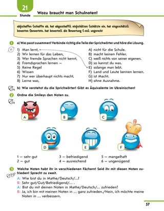 Stunde
57
21
Wozu braucht man Schulnoten?
ab|schaffen (schaffte ab, hat abgeschafft), ein|schЉtzen (schЉtzte ein, hat eingeschЉtzt),
bewerten (bewertete, hat bewertet), die Bewertung (-en), ungerecht
 a) Was passt zusammen? Verbinde richtig die Teile der Sprichwörter und höre die Lösung.
1) Man lernt,
2) Wir lernen für das Leben,
3) Wer fremde Sprachen nicht kennt,
4) Fremdsprachen lernen —
5) Keine Regel
6) Wissen
7) Nur wer überhaupt nichts macht,
8) Lerne was,
A) nicht für die Schule.
B) macht keinen Fehler.
C) weiß nichts von seiner eigenen.
D) so kannst du was.
E) solange man lebt.
F) Land und Leute kennen lernen.
G) ist Macht.
H) ohne Ausnahme.
b) Wie verstehst du die Sprichwörter? Gibt es Äquivalente im Ukrainischen?
 Ordne die Smileys den Noten zu.
А B C
D E F
1 — sehr gut
2 — gut
3 — befriedigend
4 — ausreichend
5 — mangelhaft
6 — ungenügend
 Welche Noten habt ihr in verschiedenen Fächern? Seid ihr mit diesen Noten zu-
frieden? Sprecht zu zweit.
A: Wie bist du in Mathe/Deutsch/…?
B: Sehr gut/Gut/Befriedigend/… .
A: Bist du mit deinen Noten in Mathe/Deutsch/… zufrieden?
B: 
Ja, ich bin mit meinen Noten in … ganz zufrieden./Nein, ich möchte meine
Noten in … verbessern.
 