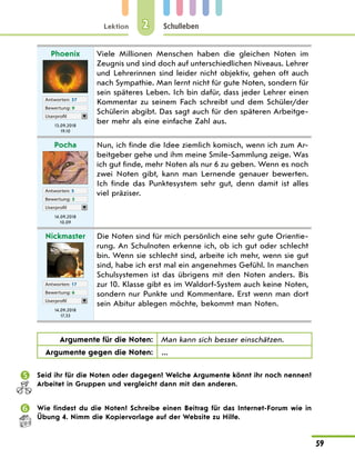 Lektion
59
Schulleben
2
Phoenix
Antworten: 37
Bewertung: 9
Userprofil
13.09.2018
19.10
Viele Millionen Menschen haben die gleichen Noten im
Zeugnis und sind doch auf unterschiedlichen Niveaus. Lehrer
und Lehrerinnen sind leider nicht objektiv, gehen oft auch
nach Sympathie. Man lernt nicht für gute Noten, sondern für
sein späteres Leben. Ich bin dafür, dass jeder Lehrer einen
Kommentar zu seinem Fach schreibt und dem Schüler/der
Schülerin abgibt. Das sagt auch für den späteren Arbeitge-
ber mehr als eine einfache Zahl aus.
Pocha
Antworten: 5
Bewertung: 3
Userprofil
14.09.2018
10.09
Nun, ich finde die Idee ziemlich komisch, wenn ich zum Ar-
beitgeber gehe und ihm meine Smile-Sammlung zeige. Was
ich gut finde, mehr Noten als nur 6 zu geben. Wenn es noch
zwei Noten gibt, kann man Lernende genauer bewerten.
Ich finde das Punktesystem sehr gut, denn damit ist alles
viel präziser.
Nickmaster
Antworten: 17
Bewertung: 6
Userprofil
14.09.2018
17.33
Die Noten sind für mich persönlich eine sehr gute Orientie-
rung. An Schulnoten erkenne ich, ob ich gut oder schlecht
bin. Wenn sie schlecht sind, arbeite ich mehr, wenn sie gut
sind, habe ich erst mal ein angenehmes Gefühl. In manchen
Schulsystemen ist das übrigens mit den Noten anders. Bis
zur 10. Klasse gibt es im Waldorf-System auch keine Noten,
sondern nur Punkte und Kommentare. Erst wenn man dort
sein Abitur ablegen möchte, bekommt man Noten.
Argumente für die Noten: Man kann sich besser einschätzen.
Argumente gegen die Noten: ...
 Seid ihr für die Noten oder dagegen? Welche Argumente könnt ihr noch nennen?
Arbeitet in Gruppen und vergleicht dann mit den anderen.
 Wie findest du die Noten? Schreibe einen Beitrag für das Internet-Forum wie in
Übung 4. Nimm die Kopiervorlage auf der Website zu Hilfe.
 