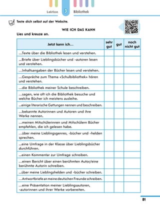 Lektion
81
Bibliothek
3
Teste dich selbst auf der Website.
WIE ICH DAS KANN
Lies und kreuze an.
Jetzt kann ich…
sehr
gut
gut
noch
nicht gut
…Texte über die Bibliothek lesen und verstehen.
...Briefe über Lieblingsbücher und -autoren lesen
und verstehen.
…Inhaltsangaben der Bücher lesen und verstehen.
…Gespräche zum Thema «Schulbibliothek» hören
und verstehen.
…die Bibliothek meiner Schule beschreiben.
…sagen, wie oft ich die Bibliothek besuche und
welche Bücher ich meistens ausleihe.
...einige literarische Gattungen nennen und beschreiben.
…bekannte Autorinnen und Autoren und ihre
Werke nennen.
…meinen Mitschülerinnen und Mitschülern Bücher
empfehlen, die ich gelesen habe.
…über meine Lieblingsgenres, -bücher und -helden
sprechen.
...eine Umfrage in der Klasse über Lieblingsbücher
durchführen.
...einen Kommentar zur Umfrage schreiben.
…einen Bericht über einen berühmten Autor/eine
berühmte Autorin schreiben.
...über meine Lieblingshelden und -bücher schreiben.
…AntwortbriefeanmeinedeutschenFreundeschreiben.
…eine Präsentation meiner Lieblingsautoren,
-autorinnen und ihrer Werke vorbereiten.
 