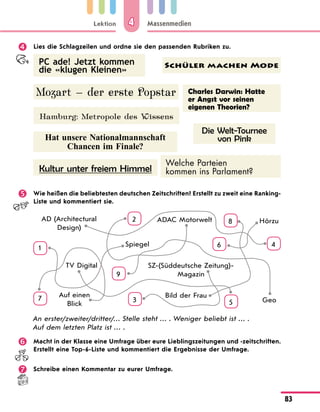 Lektion
83
Massenmedien
4
 Lies die Schlagzeilen und ordne sie den passenden Rubriken zu.
PC ade! Jetzt kommen
die «klugen Kleinen»
Mozart — der erste Popstar
Hamburg: Metropole des Wissens
Hat unsere Nationalmannschaft
Chancen im Finale?
Kultur unter freiem Himmel
Schüler machen Mode
Welche Parteien
kommen ins Parlament?
Charles Darwin: Hatte
er Angst vor seinen
eigenen Theorien?
Die Welt-Tournee
von Pink
 Wie heißen die beliebtesten deutschen Zeitschriften? Erstellt zu zweit eine Ranking-
Liste und kommentiert sie.
1
2
3
4
5
6
7
8
9
Spiegel
ADAC Motorwelt
SZ-(Süddeutsche Zeitung)-
Magazin
AD (Architectural
Design)
TV Digital
Hörzu
Auf einen
Blick
Bild der Frau
Geo
An erster/zweiter/dritter/… Stelle steht … . Weniger beliebt ist … .
Auf dem letzten Platz ist … .
 Macht in der Klasse eine Umfrage über eure Lieblingszeitungen und -zeitschriften.
Erstellt eine Top-6-Liste und kommentiert die Ergebnisse der Umfrage.
 Schreibe einen Kommentar zu eurer Umfrage.
 