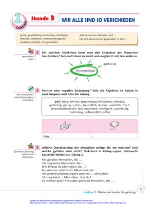 Le kt
i
o
n
1
1
Lektion 1. Meine vertraute Umgebung
9
WIR ALLE SIND SO VERSCHIEDEN
Stunde 3
1 Mit welchen Adjektiven kann man den Charakter des Menschen
beschreiben? Sammelt Ideen zu zweit und vergleicht mit den anderen.
Charakterzüge
gutherzig
2 Positive oder negative Bedeutung? Teile die Adjektive im Kasten in
zwei Gruppen und höre die Lösung.
treu, böse, ehrlich, geschwätzig, hilfsbereit, tolerant,
gutherzig, geizig, untreu, freundlich, dumm, unehrlich, frech,
verantwortungsvoll, faul, intolerant, intelligent, zuverlässig,
hochnäsig, unfreundlich, offen
treu, ... ...
3 Welche Charakterzüge der Menschen schätzt ihr am meisten? Und
welche gefallen euch nicht? Diskutiert in Kleingruppen. Gebraucht
passende Wörter aus Übung 2.
Mir gefallen Menschen, die … .
Ich mag keine Menschen, die … .
Wie findest du Menschen, die ...?
Am meisten schätze ich Menschen, die … .
Ich verkehre/kommuniziere gern mit … Menschen.
Ich mag keine … Menschen. Und du?
Zu meinen guten Freunden gehören Menschen, die … .
1
Wortschatz
üben
2
Wortschatz üben
und Hörkompetenz
entwickeln
3
Sprechen: Meinung
äußern und
disku eren
geizig, geschwätzig, hochnäsig, intelligent,
tolerant, intolerant, verantwortungsvoll,
mobben (mobbte, hat gemobbt),
sich benehmen (benahm sich,
hat sich benommen) gegenüber (+ Dat.)
Право для безоплатного розміщення підручника в мережі Інтернет має
Міністерство освіти і науки України http://mon.gov.ua/ та Інститут модернізації змісту освіти https://imzo.gov.ua
 