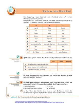 Le kt
i
o
n
9
9 Stunde 64. Mein Heimatland
Stunde 64. Mein Heimatland
Lektion 9. Die Ukraine und die deutschsprachigen Länder
154
Die Regierung (das Kabinett der Minister) wird …(9)
einem
Ministerpräsidenten geleitet.
Die Verfassung …(10)
stammt vom 28. Juni 1996. Der Nationalfeiertag ist
seit dem 24. August 1991 der Tag der Unabhängigkeit.
A B C
1 Land Staat Stadt
2 an mit zu
3 dem den die
4 denen dessen die
5 sind werden würden
6 Mit Nach Zu
7 demokratische demokratischer demokratisches
8 der des die
9 bei durch von
10 den Staat der Staat des Staates
4 a) Worüber spricht man in den Radiobeiträgen? Höre zu und kreuze an.
Lina Felix Sophie
1 Geografische Lage der Ukraine
2 Naturressourcen des Landes
3 Staatsaufbau der Ukraine
b) Höre die Gespräche noch einmal und mache dir Notizen. Erzähle
dann anhand der Notizen.
5 a) Bildet vier Gruppen. Jede Gruppe liest einen Kurztext. Findet die
passende Überschrift dazu und schreibt je drei Fragen zum Text.
A. Bodenschätze C. Fauna
B. Böden und Landschaften D. Gewässer
B 1. Die Fläche des Landes kann man in drei Großzonen teilen. Im
Nordwesten liegen Sumpfgebiete. Weiter nach Süden und Südosten
4
Hörkompetenz
entwickeln
Hör- und
Sprechkompetenz
entwickeln
5
Lesekompetenz
entwickeln
Право для безоплатного розміщення підручника в мережі Інтернет має
Міністерство освіти і науки України http://mon.gov.ua/ та Інститут модернізації змісту освіти https://imzo.gov.ua
 