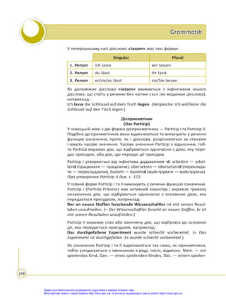 Grammatik
Grammatik
174
У теперішньому часі дієслово «lassen» має такі форми:
Singular Plural
1. Person ich lasse wir lassen
2. Person du lässt ihr lasst
3. Person er/sie/es lässt sie/Sie lassen
Як допоміжне дієслово «lassen» вживається з інфінітивом іншого
дієслова, що стоїть у реченні без частки «zu» (як модальні дієслова),
наприклад.:
Ich lasse die Schlüssel auf dem Tisch liegen. (Vergleiche: Ich will/kann die
Schlüssel auf den Tisch legen.)
Дієприкметник
(Das Partizip)
У німецькій мові є дві форми дієприкметника — Partizip І та Partizip ІІ.
Подібно до прикметників вони відмінюються та виконують у реченні
функцію означення, проте, як і дієслова, розрізняються за станами
і мають часове значення. Часове значення Partizip є відносним, тоб-
то Partizip виражає дію, що відбувається одночасно з дією, яку пере-
дає присудок, або дію, що передує дії присудка.
Partizip І утворюється від інфінітива додаванням -d: arbeiten — arbei-
tend (працювати — працюючи), übersetzen — übersetzend (переклада-
ти — перекладаючи), basteln — bastelnd (майструвати — майструючи).
Про утворення Partizip II див. с. 171.
У повній формі Partizip І та II виконують у реченні функцію означення.
Partizip І (Partizip Präsens) має активний характер і виражає тривалу
незакінчену дію, що відбувається одночасно з основною дією, яка
передається присудком, наприклад:
Der an neuen Stoffen forschende Wissenschaftler ist mit seinen Resul-
taten unzufrieden. (= Der Wissenschaftler forscht an neuen Stoffen. Er ist
mit seinen Resultaten unzufrieden.)
Partizip ІІ виражає стан або закінчену дію, що відбулася до основної
дії, яка передається присудком, наприклад:
Das durchgefallene Experiment wurde schlecht vorbereitet. (= Das
Experiment ist durchgefallen. Es wurde schlecht vorbereitet.)
Як означення Partizip І та II відмінюються так само, як прикметники,
тобто узгоджуються з іменником в роді, числі, відмінку: Nom. — ein
spielendes Kind, Gen. — eines spielenden Kindes, Dat. — einem spielen-
Право для безоплатного розміщення підручника в мережі Інтернет має
Міністерство освіти і науки України http://mon.gov.ua/ та Інститут модернізації змісту освіти https://imzo.gov.ua
 
