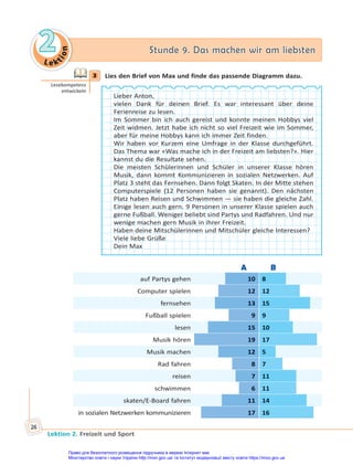 Le kt
i
o
n
2
2 Stunde 9. Das machen wir am liebsten
Stunde 9. Das machen wir am liebsten
Lektion 2. Freizeit und Sport
26
3 Lies den Brief von Max und finde das passende Diagramm dazu.
Lieber Anton,
vielen Dank für deinen Brief. Es war interessant über deine
Ferienreise zu lesen.
Im Sommer bin ich auch gereist und konnte meinen Hobbys viel
Zeit widmen. Jetzt habe ich nicht so viel Freizeit wie im Sommer,
aber für meine Hobbys kann ich immer Zeit finden.
Wir haben vor Kurzem eine Umfrage in der Klasse durchgeführt.
Das Thema war «Was mache ich in der Freizeit am liebsten?». Hier
kannst du die Resultate sehen.
Die meisten Schülerinnen und Schüler in unserer Klasse hören
Musik, dann kommt Kommunizieren in sozialen Netzwerken. Auf
Platz 3 steht das Fernsehen. Dann folgt Skaten. In der Mitte stehen
Computerspiele (12 Personen haben sie genannt). Den nächsten
Platz haben Reisen und Schwimmen — sie haben die gleiche Zahl.
Einige lesen auch gern. 9 Personen in unserer Klasse spielen auch
gerne Fußball. Weniger beliebt sind Partys und Radfahren. Und nur
wenige machen gern Musik in ihrer Freizeit.
Haben deine Mitschülerinnen und Mitschüler gleiche Interessen?
Viele liebe Grüße
Dein Max
A B
auf Partys gehen 10 8
Computer spielen 12 12
fernsehen 13 15
Fußball spielen 9 9
lesen 15 10
Musik hören 19 17
Musik machen 12 5
Rad fahren 8 7
reisen 7 11
schwimmen 6 11
skaten/E-Board fahren 11 14
in sozialen Netzwerken kommunizieren 17 16
3
Lesekompetenz
entwickeln
10
12
13
9
15
19
12
8
7
6
11
17
8
12
15
9
10
17
5
7
11
11
14
16
Право для безоплатного розміщення підручника в мережі Інтернет має
Міністерство освіти і науки України http://mon.gov.ua/ та Інститут модернізації змісту освіти https://imzo.gov.ua
 