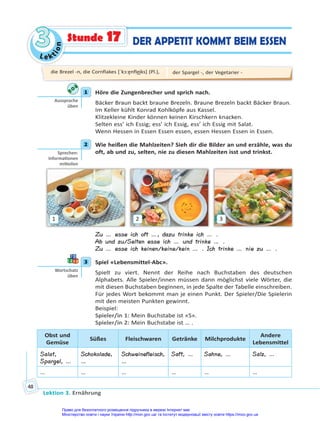 Le kt
i
o
n
3
3
Lektion 3. Ernährung
48
DER APPETIT KOMMT BEIM ESSEN
Stunde 17
1 Höre die Zungenbrecher und sprich nach.
Bäcker Braun backt braune Brezeln. Braune Brezeln backt Bäcker Braun.
Im Keller kühlt Konrad Kohlköpfe aus Kassel.
Klitzekleine Kinder können keinen Kirschkern knacken.
Selten ess’ ich Essig; ess’ ich Essig, ess’ ich Essig mit Salat.
Wenn Hessen in Essen Essen essen, essen Hessen Essen in Essen.
2 Wie heißen die Mahlzeiten? Sieh dir die Bilder an und erzähle, was du
oft, ab und zu, selten, nie zu diesen Mahlzeiten isst und trinkst.
1 2 3
Zu … esse ich oft …, dazu trinke ich … .
Ab und zu/Selten esse ich … und trinke … .
Zu … esse ich keinen/keine/kein … . Ich trinke … nie zu … .
3 Spiel «Lebensmittel-Abc».
Spielt zu viert. Nennt der Reihe nach Buchstaben des deutschen
Alphabets. Alle Spieler/innen müssen dann möglichst viele Wörter, die
mit diesen Buchstaben beginnen, in jede Spalte der Tabelle einschreiben.
Für jedes Wort bekommt man je einen Punkt. Der Spieler/Die Spielerin
mit den meisten Punkten gewinnt.
Beispiel:
Spieler/in 1: Mein Buchstabe ist «S».
Spieler/in 2: Mein Buchstabe ist … .
Obst und
Gemüse
Süßes Fleischwaren Getränke Milchprodukte
Andere
Lebensmittel
Salat,
Spargel, …
Schokolade,
…
Schweinefleisch,
…
Saft, … Sahne, … Salz, …
… … … … … …
1
Aussprache
üben
2
Sprechen:
Informa onen
mi eilen
3
Wortschatz
üben
die Brezel -n, die Cornflakes [ˈkɔ:ɐ̯nfle͜iks] (Pl.), der Spargel -, der Vegetarier -
Право для безоплатного розміщення підручника в мережі Інтернет має
Міністерство освіти і науки України http://mon.gov.ua/ та Інститут модернізації змісту освіти https://imzo.gov.ua
 