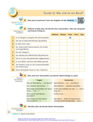 Le kt
i
o
n
5
5 Stunde 32. Was sind sie von Beruf?
Stunde 32. Was sind sie von Beruf?
Lektion 5. Beruf und Arbeit
82
5 Was passt zusammen? Löse die Aufgabe auf der Website.
6 Stefanie erzählt über die Berufe ihrer Verwandten. Höre das Gespräch
und kreuze richtig an.
Stefanie Mutter Vater Oma Opa
1 Er ist Dirigent und geht oft auf Gastspiele. 
2 Sie hat im Operettentheater gearbeitet.
3 Er lebt nicht mehr.
4 Sie unterrichtet Klavierspielen für Kinder
und Jugendliche.
5 Sie war Sängerin.
6 Sie arbeitet bei öffentlichen Musikkursen.
7 Sie ist in einer Künstlerfamilie aufgewachsen.
8 Er war Maler und hat viele Bilder gemalt.
9 Am liebsten mag sie die Landschaftsbilder
von ihrem Opa.
10 Seine Gastspiele dauern 2 bis 3 Wochen.
7 Was sind eure Verwandten von Beruf? Spielt Dialoge zu zweit.
Fragen Antworten
Was ist dein/deine ... von Beruf? Mein/Meine ... ist ... von Beruf.
Wo arbeitet dein/deine ...? Mein/Meine ... arbeitet in/auf/bei ... .
Wie lange beschäftigt sich dein/
deine ... mit ...?
Er/Sie beschäftigt sich seit .../... Jahre
lang mit ... .
Was macht dein/deine ...
beruflich?
Er/Sie muss ... .
Wie findest du den Beruf
deines/deiner ...?
Den Beruf ... finde ich interessant/
wichtig/nützlich/langweilig/..., denn ... .
8 Schreibe über die Berufe deiner Verwandten.
5
Geh auf: interac ve.
ranok.com.ua
uf d
der We
ebs
site
e.
6
Hörkompetenz
entwickeln
7
Sprechen:
Informa onen
austauschen
8
Schreibkompetenz
entwickeln
Право для безоплатного розміщення підручника в мережі Інтернет має
Міністерство освіти і науки України http://mon.gov.ua/ та Інститут модернізації змісту освіти https://imzo.gov.ua
 