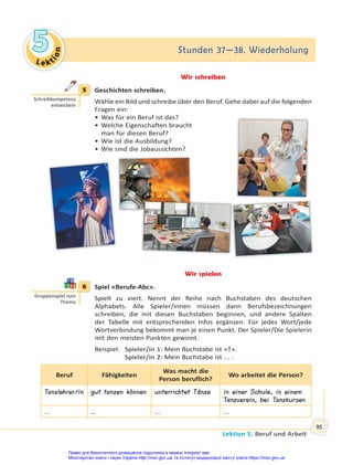 Le kt
i
o
n
5
5 Stunden 37—38. Wiederholung
Stunden 37—38. Wiederholung
Lektion 5. Beruf und Arbeit
95
Wir schreiben
5 Geschichten schreiben.
Wähle ein Bild und schreibe über den Beruf. Gehe dabei auf die folgenden
Fragen ein:
• Was für ein Beruf ist das?
• Welche Eigenschaften braucht
man für diesen Beruf?
• Wie ist die Ausbildung?
• Wie sind die Jobaussichten?
Wir spielen
6 Spiel «Berufe-Abc».
Spielt zu viert. Nennt der Reihe nach Buchstaben des deutschen
Alphabets. Alle Spieler/innen müssen dann Berufsbezeichnungen
schreiben, die mit diesen Buchstaben beginnen, und andere Spalten
der Tabelle mit entsprechenden Infos ergänzen. Für jedes Wort/jede
Wortverbindung bekommt man je einen Punkt. Der Spieler/Die Spielerin
mit den meisten Punkten gewinnt.
Beispiel: Spieler/in 1: Mein Buchstabe ist «T».
Spieler/in 2: Mein Buchstabe ist ... .
Beruf Fähigkeiten
Was macht die
Person beruflich?
Wo arbeitet die Person?
Tanzlehrer/in gut tanzen können unterrichtet Tänze in einer Schule, in einem
Tanzverein, bei Tanzkursen
... … ... ...
5
Schreibkompetenz
entwickeln
6
Gruppenspiel zum
Thema
Право для безоплатного розміщення підручника в мережі Інтернет має
Міністерство освіти і науки України http://mon.gov.ua/ та Інститут модернізації змісту освіти https://imzo.gov.ua
 
