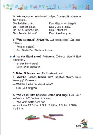 b) Hör zu, sprich nach und zeige. Послухай, повтори
та покажи.
с) Was ist braun? Antworte. Що коричневе? Дай від­
повідь.
— Was ist braun?
— DerTisch./Der Tisch ist braun.
# d) Ist der Stuhl grau? Antworte. Стілець сірий? Дай
відповідь.
— Ist der Stuhl grau?
— Nein, er ist schwarz.
3. Deine Schulsachen. Твої шкільні речі.
a) Welche Farben haben sie? Erzähle. Якого вони
кольору? Розкажи.
— Welche Farbe hat dein Lineal?
— Grau./Es ist grau.
b) Wie viele Stifte hast du? Zähle und sage. Скільки в
тебе олівців? Полічи та скажи.
— Wie viele Stifte hast du?
— Ich habe 12 Stifte: 1 Stift, 2 Stifte, 3 Stifte, 4 Stifte ...
12 Stifte.
Die Tafel ist grün.
Der Tisch ist braun.
Der Stuhl ist schwarz.
Das Fenster ist weiß.
Das Mäppchen ist gelb.
Das Buch ist blau.
Das Heft ist rot.
Das Lineal ist grau.
 