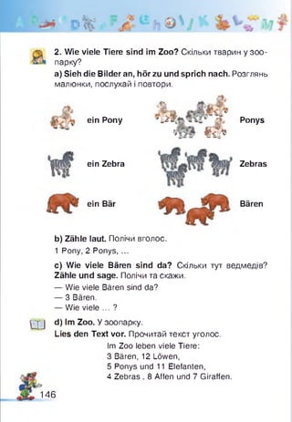 Г>
2. Wie viele Tiere sind im Zoo? Скільки тварин у зоо­
парку?
а) Sieh die Bilder an, hör zu und sprich nach. Розглянь
малюнки, послухай і повтори.
&
ein Ропу £^3 Ponys
( € 3 ^
ein Zebra
ein Bär
Zebras
Bären
Ш
b) Zähle laut. Полічи вголос.
1 Pony, 2 Ponys, ...
c) Wie viele Bären sind da? Скільки тут ведмедів?
Zähle und sage. Полічи та скажи.
— Wie viele Bären sind da?
— 3 Bären.
— Wie viele ... ?
d) Im Zoo. У зоопарку.
Lies den Text vor. Прочитай текст уголос.
Im Zoo leben viele Tiere:
3 Bären, 12 Löwen,
5 Ponys und 11 Elefanten,
4 Zebras , 8 Affen und 7 Giraffen.
146
 
