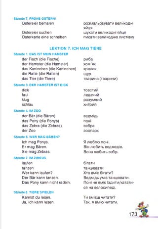 Stunde 7. FROHE OSTERN!
Ostereier bemalen
Ostereiersuchen
Osterkarte eine schreiben
stunde 1. DAS IST MEIN HAMSTER
Stunde 3. DER HAMSTER IST DICK
dick
faul
klug
schlau
stunde 4. IM ZOO
der Bär (die Bären)
das Pony (die Ponys)
das Zebra (die Zebras)
der Zoo
stunde 6. WER MAG BÄREN?
Ich mag Ponys.
Er mag Bären.
Sie mag Zebras.
Stunde 7. IM ZIRKUS
laufen
tanzen
Wer kann laufen?
Der Bär kann tanzen.
Das Pony kann nicht radeln.
Stunde 8. TIERE SPIELEN
Kannst du lesen.
Ja, ich kann lesen.
розмальовувати великодні
яйця
шукати великодні яйця
писати великодню листівку
MAG TIERE
риба
хом’як
кролик
щ ур
тварина (тварини)
товстий
ледачий
розумний
хитрий
ведмідь
поні
зебра
зоопарк
Я люблю поні.
Він любить ведмедів.
Вона любить зебр.
бігати
танцювати
Хто вміє бігати?
Ведмідь уміє танцювати.
Поні не вміє їздити/катати­
ся на велосипеді.
Ти вмієш читати?
Так, я вмію читати.
LEKTION 7. ICH
der Fisch (die Fische)
der Hamster (die Hamster)
das Kaninchen (die Kaninchen)
die Ratte (die Ratten)
das Tier (die Tiere)
173
 