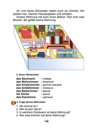 Ich und meine Schwester haben auch ein Zimmer. W ir
spielen hier, machen Hausaufgaben und schlafen.
Unsere Wohnung hat auch einen Balkon. Hier sind viele
Blumen. Mir gefällt meine Wohnung.
2. Neuer Wortschatz:
das S tockw erk - поверх
das W ohnzim m er - вітальня
das K inderzim m er - дитяча кімната
das S chlafzim m er - спальня
das Badezim m er - ванна
die Küche - кухня
das E sszim m er - їдальня
3. Frage deinen Mitschüler.
' 1. Wo wohnst du?
2. Wie ist dein Haus?
3. In welchem Stockwerk ist deine Wohnung?
4. Wie viele Zimmer hat deine Wohnung?
146
 