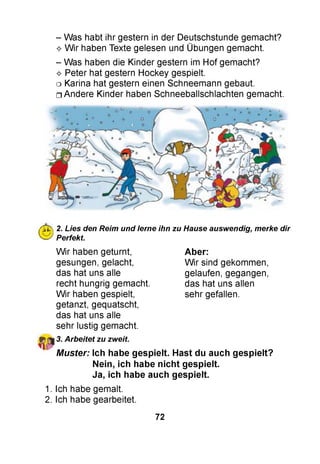 - Was habt ihr gestern in der Deutschstunde gemacht?
^ W ir haben Texte gelesen und Übungen gemacht.
- Was haben die Kinder gestern im Hof gemacht?
^ Peter hat gestern Hockey gespielt.
o Karina hat gestern einen Schneemann gebaut.
□ Andere Kinder haben Schneeballschlachten gemacht.
■'Mo 2. Lies den Reim und lerne ihn zu Hause auswendig, merke dir
Perfekt
W ir haben geturnt,
gesungen, gelacht,
das hat uns alle
recht hungrig gemacht.
W ir haben gespielt,
getanzt, gequatscht,
das hat uns alle
sehr lustig gemacht.
A ber:
W ir sind gekommen,
gelaufen, gegangen,
das hat uns allen
sehr gefallen.
3. Arbeitet zu zweit.
M uster: Ich habe gespielt. Hast du auch ge spielt?
Nein, ich habe n ich t gespielt.
Ja, ich habe auch gespielt.
1. Ich habe gemalt.
2. Ich habe gearbeitet.
72
 