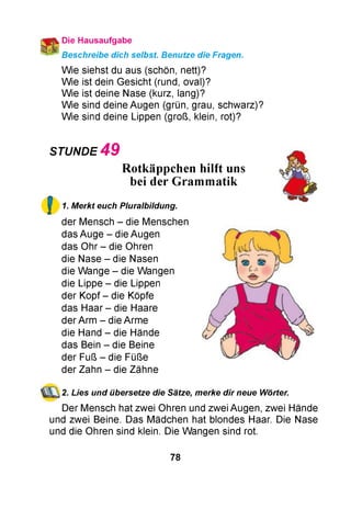 Die Hausaufgabe
ЧЗР1Beschreibe dich selbst Benutze die Fragen.
Wie siehst du aus (schön, nett)?
Wie ist dein Gesicht (rund, oval)?
Wie ist deine Nase (kurz, lang)?
Wie sind deine Augen (grün, grau, schwarz)?
Wie sind deine Lippen (groß, klein, rot)?
STUNDE 4 9
Rotkäppchen hilft uns
bei der Grammatik
і 1. Merkt euch Pluralbildung.
der Mensch - die Menschen
das Auge - die Augen
das Ohr - die Ohren
die Nase - die Nasen
die Wange - die Wangen
die Lippe - die Lippen
der Kopf - die Köpfe
das Haar - die Haare
der Arm - die Arme
die Hand - die Hände
das Bein - die Beine
der Fuß - die Füße
der Zahn - die Zähne
2. Lies und übersetze die Sätze, merke dir neue Wörter.
Der Mensch hat zwei Ohren und zwei Augen, zwei Hände
und zwei Beine. Das Mädchen hat blondes Haar. Die Nase
und die Ohren sind klein. Die Wangen sind rot.
78
 