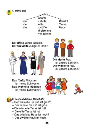 !
1. Merke dir!
der
die
das
achte
neunte
zehnte
elfte
zwölfte
dreizehnte
vierzehnte
Bleistift
Tasse
Haus
Der d ritte Junge ist klein.
Der w ievielte Junge ist klein?
Die vierte Frau
ist unsere Lehrerin.
Die w ievielte Frau
ist unsere Lehrerin?
Das fün fte Mädchen
ist meine Schwester.
Das w ievielte Mädchen
ist meine Schwester?
2. Lest mit deinem Mitschüler.
- Der wievielte Bleistift ist grün?
^ Der zehnte Bleistift ist grün.
- Die wievielte Tasse ist rot?
^ Die elfte Tasse ist rot.
- Das wievielte Haus ist hoch?
^ Das zwölfte Haus ist hoch.
85
 