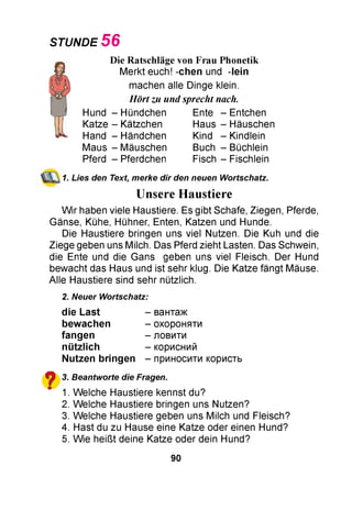STUNDE 5 6
Die Ratschläge von Frau Phonetik
Merkt euch! -chen und -lein
machen alle Dinge klein.
Hört zu und sprecht nach.
Hund - Hündchen
Katze - Kätzchen
Hand - Händchen
Maus - Mäuschen
Pferd - Pferdchen
Ente - Entchen
Haus - Häuschen
Kind - Kindlein
Buch - Büchlein
Fisch - Fischlein
1. Lies den Text, merke dir den neuen Wortschatz.
Unsere Haustiere
W ir haben viele Haustiere. Es gibt Schafe, Ziegen, Pferde,
Gänse, Kühe, Hühner, Enten, Katzen und Hunde.
Die Haustiere bringen uns viel Nutzen. Die Kuh und die
Ziege geben uns Milch. Das Pferd zieht Lasten. Das Schwein,
die Ente und die Gans geben uns viel Fleisch. Der Hund
bewacht das Haus und ist sehr klug. Die Katze fängt Mäuse.
Alle Haustiere sind sehr nützlich.
2. Neuer Wortschatz:
die Last
bewachen
fangen
nützlich
Nutzen bringen
- вантаж
- охороняти
- ловити
- корисний
- приносити користь
?
3. Beantworte die Fragen.
1. Welche Haustiere kennst du?
2. Welche Haustiere bringen uns Nutzen?
3. Welche Haustiere geben uns Milch und Fleisch?
4. Hast du zu Hause eine Katze oder einen Hund?
5. Wie heißt deine Katze oder dein Hund?
90
 