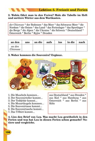 2. Wohin fährt man in den Freien? Male die Tabelle im Heft
und sortiere Wörter aus dem Wortkasten.
der Chiemsee * der Bodensee * das Meer * das Schwarze Meer * die
Nordsee * die Ostsee * das Land * das Ferienlager * das Sportlager *
die Berge * die Alpen * die Ukraine * die Schweiz * Deutschland *
Österreich * Berlin * Kyjiw * Dresden
an den ans an die aufs ins in die nach
an den
Chiemsee
3. Woher kommen die Souvenirs? Ergänze.
1
4
2
3
5
6
7
1. Die Muscheln kommen...
2. Der Souvenirteller kommt...
3. Der Teddybär kommt...
4. Die Mozartkugeln kommen...
5. Die Souvenirtasse kommt...
6. Die Souvenirtasche kommt...
7. Das T-Shirt kommt...
aus Deutschland * aus Dresden *
aus Kiel * aus Hamburg * aus
Osterreich * aus Berlin * aus
Köln
4. Lies den Brief von Lea. Was macht Lea gewöhnlich in den
Ferien und was hat Lea in diesen Ferien schon gemacht? No-
tiere und vergleiche.
150
Lektion 5. Freizeit und Ferien
 