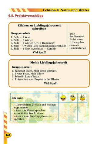 6.5. Projektvorschläge
Elfchen zu Lieblingsjahreszeit
schreiben
Gruppenarbeit
1. Zeile − 1 Wort
2. Zeile − 2 Wörter
3. Zeile − 3 Wörter (Оrt + Handlung)
4. Zeile − 4 Wörter (Was kann ich dazu erzählen)
5. Zeile − 1 Wort (Abschluss − Gefühl)
Viel Spaß!
grün
der Sommer
Es ist warm
Ich mag den
Sommer
Sommerferien
Meine Lieblingsjahreszeit
Gruppenarbeit
1. Sammelt Ideen. Malt einen Wortigel.
2. Bringt Fotos. Malt Bilder.
3. Schreibt kurze Texte.
4. Präsentiert euer Projekt in der Klasse.
Viel Spaß!
Ich kann
– Jahreszeiten, Monate und Wochen-
tage nennen
– über das Wetter sprechen
– das Wetter beschreiben
– über meine Lieblingsjahreszeit
sprechen
168
Lektion 6. Natur und Wetter
 