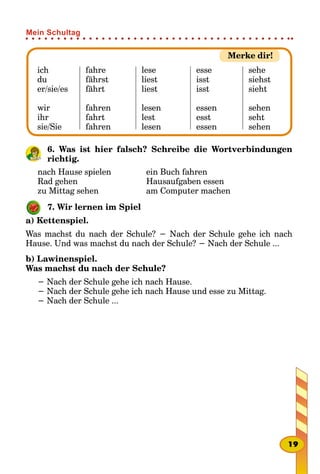 ich
du
er/sie/es
wir
ihr
sie/Sie
fahre
fährst
fährt
fahren
fahrt
fahren
lese
liest
liest
lesen
lest
lesen
esse
isst
isst
essen
esst
essen
sehe
siehst
sieht
sehen
seht
sehen
6. Was ist hier falsch? Schreibe die Wortverbindungen
richtig.
nach Hause spielen
Rad gehen
zu Mittag sehen
ein Buch fahren
Hausaufgaben essen
am Computer machen
7. Wir lernen im Spiel
a) Kettenspiel.
Was machst du nach der Schule? − Nach der Schule gehe ich nach
Hause. Und was machst du nach der Schule? − Nach der Schule ...
b) Lawinenspiel.
Was machst du nach der Schule?
− Nach der Schule gehe ich nach Hause.
− Nach der Schule gehe ich nach Hause und esse zu Mittag.
− Nach der Schule ...
Merke dir!
19
Mein Schultag
 