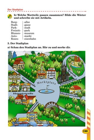 b) Welche Wortteile passen zusammen? Bilde die Wörter
und schreibe sie mit Artikeln.
Burg-
Stadt-
Park-
Freizeit-
Blumen-
Auto-
Rosen-
-allee
-gasse
-stadt
-park
-museum
-markt
-eisenbahn
3. Der Stadtplan
a) Schau den Stadtplan an. Hör zu und merke dir.
199
Der Stadtplan
 