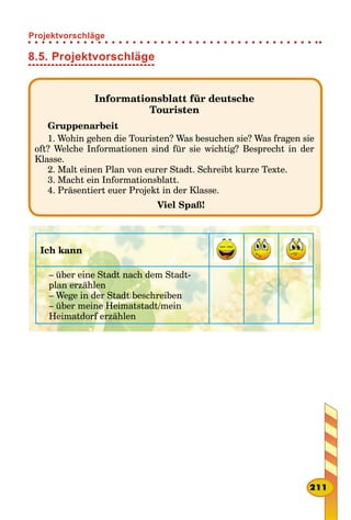 8.5. Projektvorschläge
Informationsblatt für deutsche
Touristen
Gruppenarbeit
1. Wohin gehen die Touristen? Was besuchen sie? Was fragen sie
oft? Welche Informationen sind für sie wichtig? Besprecht in der
Klasse.
2. Malt einen Plan von eurer Stadt. Schreibt kurze Texte.
3. Macht ein Informationsblatt.
4. Präsentiert euer Projekt in der Klasse.
Viel Spaß!
Ich kann
– über eine Stadt nach dem Stadt-
plan erzählen
– Wege in der Stadt beschreiben
– über meine Heimatstadt/mein
Heimatdorf erzählen
211
Projektvorschläge
 
