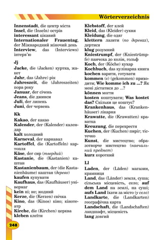 Innenstadt, die центр міста
Insel, die (Inseln) острів
interessant цікавий
Internationaler Frauentag,
der Міжнародний жіночий день
Interview, das (Interviews)
інтерв’ю
Jj
Jacke, die (Jacken) куртка, жа-
кет
Jahr, das (Jahre) рік
Jahreszeit, die (Jahreszeiten)
пора року
Januar, der січень
Jeans, die джинси
Juli, der липень
Juni, der червень
Kk
Kakao, der какао
Kalender, der (Kalender) кален-
дар
kalt холодний
Karneval, der карнавал
Kartoffel, die (Kartoffeln) кар-
топля
Käse, der сир (твердий)
Kastanie, die (Kastanien) ка-
штан
Kastanienbaum, der (die Kasta-
nienbäume) каштан (дерево)
kaufen купувати
Kaufhaus, das (Kaufhäuser) уні-
вермаг
kein ні; не; жодний
Kerze, die (Kerzen) свічка
Kino, das (Kinos) кіно; кіноте-
атр
Kirche, die (Kirchen) церква
kleben клеїти
Klebstoff, der клей
Kleid, das (Kleider) сукня
Kleidung, die одяг
klettern лазити (по деревах),
дертися
klug розумний
Kniestrumpf, der (Kniestrümp-
fe) панчоха до колін, гольф
Koch, der (Köche) кухар
Kochbuch, das кулінарна книга
kochen варити, готувати
kommen (s) (gekommen) прихо-
дити; Wie komme ich zu ...? Як
мені дістатися до ...?
können могти
kosten коштувати; Was kostet
das? Скільки це коштує?
Krankenhaus, das (Kranken-
häuser) лікарня
Krawatte, die (Krawatten) кра-
ватка
Kreuzung, die перехрестя
Kuchen, der (Kuchen) пиріг; тіс-
течко
Kunst, die мистецтво; обра­
зотворче мистецтво (навчаль-
ний предмет)
kurz короткий
Ll
Laden, der (Läden) магазин,
крамниця
Land, das (Länder) земля, суша;
сільська місцевість, село; auf
dem Land на землі, на суші;
aufs Land їхати за місто (у село)
Landkarte, die (Landkarten)
географічна карта
Landschaft, die (Landschaften)
ландшафт, місцевість
lang довгий
248
Wörterverzeichnis
 