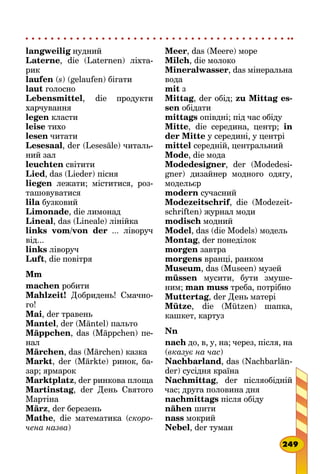 langweilig нудний
Laterne, die (Laternen) ліхта-
рик
laufen (s) (gelaufen) бігати
laut голосно
Lebensmittel, die продукти
харчування
legen класти
leise тихо
lesen читати
Lesesaal, der (Lesesäle) читаль-
ний зал
leuchten світити
Lied, das (Lieder) пісня
liegen лежати; міститися, роз-
ташовуватися
lila бузковий
Limonade, die лимонад
Lineal, das (Lineale) лінійка
links vom/von der ... ліворуч
від...
links ліворуч
Luft, die повітря
Mm
machen робити
Mahlzeit! Добридень! Смачно-
го!
Mai, der травень
Mantel, der (Mäntel) пальто
Mäppchen, das (Mäppchen) пе-
нал
Märchen, das (Märchen) казка
Markt, der (Märkte) ринок, ба-
зар; ярмарок
Marktplatz, der ринкова площа
Martinstag, der День Святого
Мартіна
März, der березень
Mathe, die математика (скоро-
чена назва)
Meer, das (Meere) море
Milch, die молоко
Mineralwasser, das мінеральна
вода
mit з
Mittag, der обід; zu Mittag es-
sen обідати
mittags опівдні; під час обіду
Mitte, die середина, центр; in
der Mitte у середині, у центрі
mittel середній, центральний
Mode, die мода
Modedesigner, der (Modedesi-
gner) дизайнер модного одягу,
модельєр
modern сучасний
Modezeitschrif, die (Modezeit-
schriften) журнал моди
modisch модний
Modеl, das (die Models) модель
Montag, der понеділок
morgen завтра
morgens вранці, ранком
Museum, das (Museen) музей
müssen мусити, бути змуше-
ним; man muss треба, потрібно
Muttertag, der День матері
Mütze, die (Mützen) шапка,
кашкет, картуз
Nn
nach до, в, у, на; через, після, на
(вказує на час)
Nachbarland, das (Nachbarlän-
der) сусідня країна
Nachmittag, der післяобідній
час; друга половина дня
nachmittags після обіду
nähen шити
nass мокрий
Nebel, der туман
249
 