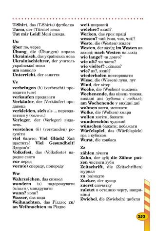 T-Shirt, das (T-Shirts) футболка
Turm, der (Türme) вежа
Tut mir Leid! Мені шкода.
Uu
über по, через
Übung, die (Übungen) вправа
Ukrainisch, das українська мова
Ukrainischlehrer, der учитель
української мови
um навколо
Unterricht, der заняття
Vv
verbringen (h) (verbracht) про-
водити (час)
verkaufen продавати
Verkäufer, der (Verkäufer) про-
давець
verkleiden, sich als ... переодя­
гатися у (кого-н.)
Verleger, der (Verleger) вида-
вець
verstehen (h) (verstanden) ро-
зуміти
viel багато; Viel Glück! Хай
щастить! Viel Gesundheit!
Здоров’я!
Volksfest, das (Volksfeste) на-
родне свято
vor перед
vorn(e) спереду, попереду
Ww
Wahrzeichen, das символ
wandern (s) подорожувати
(піш­ки), мандрувати
wann? коли?
Wasser, das вода
Weihnachten, das Різдво; zu/
an Weihnachten на Різдво
weit широкий
welcher? який?
Werken, das урок праці
wessen? чий (чия, чиє, чиї)?
Weste, die (Westen) жилет
Westen, der захід; im Westen на
заході; nach Westen на захід
wie lange? чи довго?
wie oft? чи часто?
wie viel(e)? скільки?
wie? як?, який?
wiederholen повторювати
Wiese, die (Wiesen) лука, луг
Wind, der вітер
Woche, die (Wochen) тиждень
Wochenende, das кінець тижня,
вихідні дні (субота і неділя);
am Wochenende у вихідні дні
wohnen жити, мешкати
Wolke, die (Wolken) хмара
wollen хотіти, бажати
wunderschön чудовий
wünschen бажати; побажати
Würfelspiel, das (Würfelspiele)
гра з кубиком
Wurst, die ковбаса
Zz
zählen лічити
Zahn, der зуб; die Zähne put-
zen чистити зуби
Zeitschrift, die (Zeitschriften)
журнал
zu (за)надто
Zucker, der цукор
zuerst спочатку
zuletzt в останню чергу, напри-
кінці
Zwiebel, die (Zwiebeln) цибуля
253
 