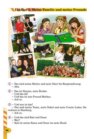 A
B
C
D
F
E
− Das sind meine Mutter und mein Vater bei Bergwanderung.
− Aha.
− Das ist Hannes, mein Bruder.
− Und das da?
− Und das ist sein Freund Markus.
− Ach so.
− Und wer ist das?
− Das sind meine Tante, mein Onkel und mein Cousin Lukas. Sie
wohnen in Hamburg.
− Ach so.
− Und das sind Kati und Oscar.
− Wer?
− Kati ist meine Katze und Oscar ist mein Hund.
1
2
3
4
34
Lektion 2. Meine Familie und meine Freunde
 