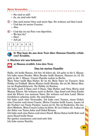 − Sie sind so süß!
− Ja, sie sind sehr lieb!
− Das sind meine Oma und mein Opa. Sie wohnen auf dem Land.
− Und das ist meine Cousine.
− Aha.
− Und das ist ein Foto vom Sportfest.
− Wo bist du?
− Hier!
− Ach ja!
1 2 3 4 5 6
b) Was hast du aus dem Text über Hannas Familie erfah-
ren? Erzähle.
4. Machen wir uns bekannt!
a) Hanna erzählt. Lies den Text.
Das ist meine Familie
Hallo, ich heiße Hanna. Ich bin 10 Jahre alt. Ich gehe in die 5. Klasse.
Ich habe einen Bruder. Mein Bruder heißt Hannes. Hannes ist 12. Er
geht in die 7. Klasse. Unsere Familie wohnt in Berlin.
Mein Vater heißt Max Huber. Er ist 42. Mein Vater ist Tierarzt. Sein
Hobby ist Fußball. Meine Mutter heißt Monika. Sie ist 38. Meine Mut-
ter ist Englischlehrerin. Ihr Hobby ist Kochen.
Ich habe auch 2 Opas und 2 Omas. Opa Stefan und Oma Maria sind
Mamas Eltern. Sie wohnen auch in Berlin. Opa Josef und Oma Emilie
sind die Eltern von meinem Vater. Sie wohnen auf dem Land. Meine
Großeltern arbeiten nicht. Sie sind Rentner.
Ich habe auch viele Verwandte. Ich habe zwei Tanten, einen Onkel,
eine Cousine und einen Cousin. Meine Cousine heißt Laura. Laura ist
die Tochter von Tante Pauline. Laura ist 21. Sie ist Studentin. Sie stu-
diert Medizin. Mein Cousin Lukas ist klein. Er ist 2 Jahre alt. Lukas ist
der Sohn von Tante Julia und Onkel Roman.
Ich habe auch eine Katze und einen Hund. Meine Katze heißt Kati und
mein Hund heißt Oscar.
Sie spielen zusammen und sind sehr lieb.
Ich liebe meine Familie.
5
6
35
Meine Verwandten
 