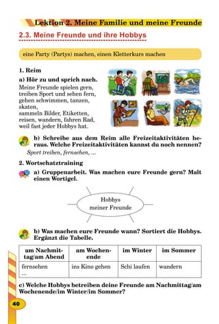 2.3. Meine Freunde und ihre Hobbys
eine Party (Partys) machen, einen Kletterkurs machen
1. Reim
a) Hör zu und sprich nach.
Meine Freunde spielen gern,
treiben Sport und sehen fern,
gehen schwimmen, tanzen,
skaten,
sammeln Bilder, Etiketten,
reisen, wandern, fahren Rad,
weil fast jeder Hobbys hat.
b) Schreibe aus dem Reim alle Freizeitaktivitäten he-
raus. Welche Freizeitaktivitäten kannst du noch nennen?
Sport treiben, fernsehen, ...
2. Wortschatztraining
a) Gruppenarbeit. Was machen eure Freunde gern? Malt
einen Wortigel.
Hobbys
meiner Freunde
b) Was machen eure Freunde wann? Sortiert die Hobbys.
Ergänzt die Tabelle.
am Nachmit-
tag/am Abend
am Wochen­
ende
im Winter im Sommer
fernsehen
...
ins Kino gehen Schi laufen wandern
c) Welche Hobbys betreiben deine Freunde am Nachmittag/am
Wochenende/im Winter/im Sommer?
40
Lektion 2. Meine Familie und meine Freunde
 