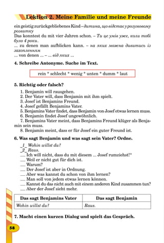 ein geistig zurückgebliebenes Kind – дитина, що відстає у розумовому
розвитку
Das konntest du mit vier Jahren schon. – Ти це умів уже, коли тобі
було 4 роки.
... zu denen man aufblicken kann. – на яких можна дивитись із
захопленням
... von denen ... – ... від яких ...
4. Schreibe Antonyme. Suche im Text.
rein * schlecht * wenig * unten * dumm * laut
5. Richtig oder falsch?
1. Benjamin will rausgehen.
2. Der Vater will, dass Benjamin mit ihm spielt.
3. Josef ist Benjamins Freund.
4. Josef gefällt Benjamins Vater.
5. Benjamins Vater findet, dass Benjamin von Josef etwas lernen muss.
6. Benjamin findet Josef ungewöhnlich.
7. Benjamins Vater meint, dass Benjamins Freund klüger als Benja-
min sein muss.
8. Benjamin meint, dass er für Josef ein guter Freund ist.
6. Was sagt Benjamin und was sagt sein Vater? Ordne.
_1_ Wohin willst du?
_2_ Raus.
Ich will nicht, dass du mit diesem ... Josef rumziehst!“
Weil er nicht gut für dich ist.
Warum?
Der Josef ist aber in Ordnung.
Aber was kannst du schon von ihm lernen?
Man soll von jedem etwas lernen können.
Kannst du das nicht auch mit einem anderen Kind zusammen tun?
Aber der Josef sieht mehr.
Das sagt Benjamins Vater Das sagt Benjamin
Wohin willst du? Raus.
7. Macht einen kurzen Dialog und spielt das Gespräch.
58
Lektion 2. Meine Familie und meine Freunde
 