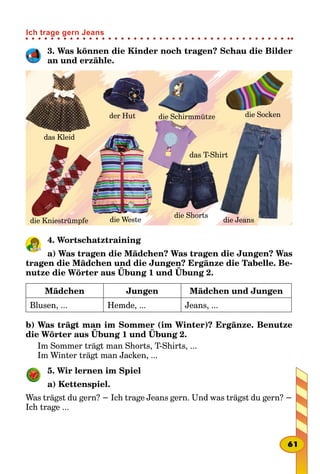 3. Was können die Kinder noch tragen? Schau die Bilder
an und er­zähle.
das Kleid
der Hut die Schirmmütze die Socken
die Kniestrümpfe die Weste
das T-Shirt
die Jeans
die Shorts
4. Wortschatztraining
a) Was tragen die Mädchen? Was tragen die Jungen? Was
tragen die Mädchen und die Jungen? Ergänze die Tabelle. Be-
nutze die Wörter aus Übung 1 und Übung 2.
Mädchen Jungen Mädchen und Jungen
Blusen, ... Hemde, ... Jeans, ...
b) Was trägt man im Sommer (im Winter)? Ergänze. Benutze
die Wörter aus Übung 1 und Übung 2.
Im Sommer trägt man Shorts, T-Shirts, ...
Im Winter trägt man Jacken, ...
5. Wir lernen im Spiel
a) Kettenspiel.
Was trägst du gern? − Ich trage Jeans gern. Und was trägst du gern? −
Ich trage ...
61
Ich trage gern Jeans
 