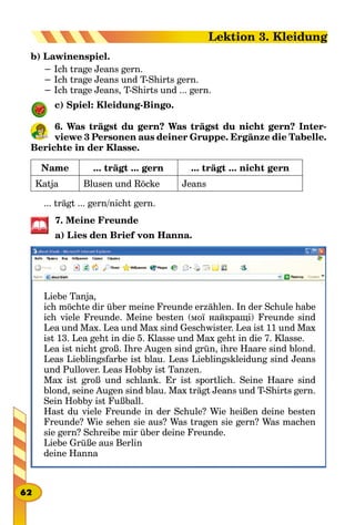 b) Lawinenspiel.
− Ich trage Jeans gern.
− Ich trage Jeans und T-Shirts gern.
− Ich trage Jeans, T-Shirts und ... gern.
c) Spiel: Kleidung-Bingo.
6. Was trägst du gern? Was trägst du nicht gern? Inter-
viewe 3 Personen aus deiner Gruppe. Ergänze die Tabelle.
Berichte in der Klasse.
Name ... trägt ... gern ... trägt ... nicht gern
Katja Blusen und Röcke Jeans
... trägt ... gern/nicht gern.
7. Meine Freunde
a) Lies den Brief von Hanna.
Liebe Tanja,
ich möchte dir über meine Freunde erzählen. In der Schule habe
ich viele Freunde. Meine besten (мої найкращі) Freunde sind
Lea und Max. Lea und Max sind Geschwister. Lea ist 11 und Max
ist 13. Lea geht in die 5. Klasse und Max geht in die 7. Klasse.
Lea ist nicht groß. Ihre Augen sind grün, ihre Haare sind blond.
Leas Lieblingsfarbe ist blau. Leas Lieblingskleidung sind Jeans
und Pullover. Leas Hobby ist Tanzen.
Max ist groß und schlank. Er ist sportlich. Seine Haare sind
blond, seine Augen sind blau. Max trägt Jeans und T-Shirts gern.
Sein Hobby ist Fußball.
Hast du viele Freunde in der Schule? Wie heißen deine besten
Freunde? Wie sehen sie aus? Was tragen sie gern? Was machen
sie gern? Schreibe mir über deine Freunde.
Liebe Grüße aus Berlin
deine Hanna
62
Lektion 3. Kleidung
 