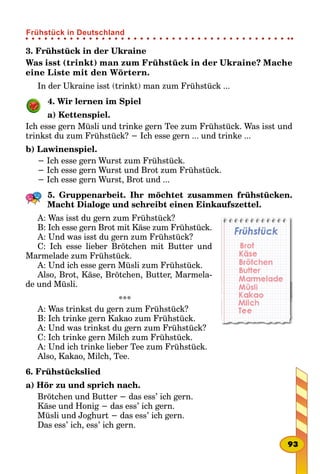 3. Frühstück in der Ukraine
Was isst (trinkt) man zum Frühstück in der Ukraine? Mache
eine Liste mit den Wörtern.
In der Ukraine isst (trinkt) man zum Frühstück ...
4. Wir lernen im Spiel
a) Kettenspiel.
Ich esse gern Müsli und trinke gern Tee zum Frühstück. Was isst und
trinkst du zum Frühstück? − Ich esse gern ... und trinke ...
b) Lawinenspiel.
− Ich esse gern Wurst zum Frühstück.
− Ich esse gern Wurst und Brot zum Frühstück.
− Ich esse gern Wurst, Brot und ...
5. Gruppenarbeit. Ihr möchtet zusammen frühstücken.
Macht Dialoge und schreibt einen Einkaufszettel.
A: Was isst du gern zum Frühstück?
B: Ich esse gern Brot mit Käse zum Frühstück.
A: Und was isst du gern zum Frühstück?
C: Ich esse lieber Brötchen mit Butter und
Marmelade zum Frühstück.
A: Und ich esse gern Müsli zum Frühstück.
Also, Brot, Käse, Brötchen, Butter, Marmela-
de und Müsli.
***
A: Was trinkst du gern zum Frühstück?
B: Ich trinke gern Kakao zum Frühstück.
A: Und was trinkst du gern zum Frühstück?
C: Ich trinke gern Milch zum Frühstück.
A: Und ich trinke lieber Tee zum Frühstück.
Also, Kakao, Milch, Tee.
6. Frühstückslied
a) Hör zu und sprich nach.
Brötchen und Butter − das ess’ ich gern.
Käse und Honig − das ess’ ich gern.
Müsli und Joghurt − das ess’ ich gern.
Das ess’ ich, ess’ ich gern.
93
Frühstück in Deutschland
 