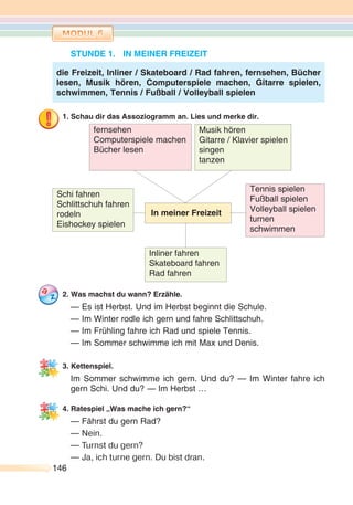 146146
STUNDE 1. IN MEINER FREIZEIT
1. Schau dir das Assoziogramm an. Lies und merke dir.
2. Was machst du wann? Erzähle.
— Es ist Herbst. Und im Herbst beginnt die Schule.
— Im Winter rodle ich gern und fahre Schlittschuh.
— Im Frühling fahre ich Rad und spiele Tennis.
— Im Sommer schwimme ich mit Max und Denis.
3. Kettenspiel.
Im Sommer schwimme ich gern. Und du? — Im Winter fahre ich
gern Schi. Und du? — Im Herbst …
4. Ratespiel „Was mache ich gern?“
— Fährst du gern Rad?
— Nein.
— Turnst du gern?
— Ja, ich turne gern. Du bist dran.
die Freizeit, Inliner / Skateboard / Rad fahren, fernsehen, Bücher
lesen, Musik hören, Computerspiele machen, Gitarre spielen,
schwimmen, Tennis / Fußball / Volleyball spielen
fernsehen
Computerspiele machen
Bücher lesen
Inliner fahren
Skateboard fahren
Rad fahren
In meiner Freizeit
Schi fahren
Schlittschuh fahren
rodeln
Eishockey spielen
Musik hören
Gitarre / Klavier spielen
singen
tanzen
Tennis spielen
Fußball spielen
Volleyball spielen
turnen
schwimmen
 