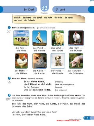 Stunde
119hundertneunzehn
У селіIm Dorf 52
 Höre zu und sprich nach. Прослухай і повтори.
die Kuh —
die Kühe
das Pferd —
die Pferde
das Schaf —
die Schafe
das Huhn —
die Hühner
der Hahn —
die Hähne
die Katze —
die Katzen
der Hund —
die Hunde
das Schwein —
die Schweine
Löse das Rätsel. Відгадай загадку.
Er hat einen Kamm, (гребінь)
doch kämmt er sich nicht. (але не розчісується)
Er hat Sporen (шпори)
Und ist doch kein Reiter. (не вершник)
Auf dem Bauernhof leben viele Tiere. Spielt Minidialoge nach dem Muster. На
селянському подвір’ї живе багато свійських тварин. Зіграйте невеликі діалоги
за зразком.
Die Kuh, das Huhn, der Hund, die Katze, der Hahn, das Pferd, das
Schwein, das Schaf.
A: Lebt auf dem Bauernhof nur eine Kuh?
B: Nein, dort leben viele Kühe.
die Kuh das Pferd das Schaf das Huhn der Hahn die Katze
der Hund das Schwein
www.e-ranok.com.ua
 