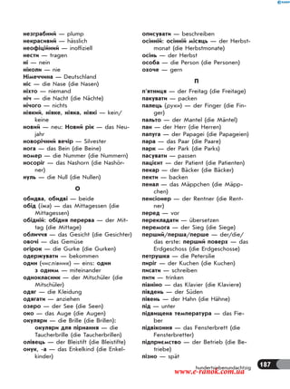 187hundertsiebenundachtzig
незграбний — plump
некрасивий — hässlich
неофіційний — inoffiziell
нести — tragen
ні — nein
ніколи — nie
Німеччина — Deutschland
ніс — die Nase (die Nasen)
ніхто — niemand
ніч — die Nacht (die Nächte)
нічого — nichts
ніякий, ніяке, ніяка, ніякі — kein/
keine
новий — neu: Новий рік — das Neu-
jahr
новорічний вечір — Silvester
нога — das Bein (die Beine)
номер — die Nummer (die Nummern)
носоріг — das Nashorn (die Nashör-
ner)
нуль — die Null (die Nullen)
О
обидва, обидві — beide
обід (їжа) — das Mittagessen (die
Mittagessen)
обідній: обідня перерва — der Mit-
tag (die Mittage)
обличчя — das Gesicht (die Gesichter)
овочі — das Gemüse
огірок — die Gurke (die Gurken)
одержувати — bekommen
один (числівник) — eins: один
з одним — miteinander
однокласник — der Mitschüler (die
Mitschüler)
одяг — die Kleidung
одягати — anziehen
озеро — der See (die Seen)
око — das Auge (die Augen)
окуляри — die Brille (die Brillen):
окуляри для пірнання — die
Taucherbrille (die Taucherbrillen)
олівець — der Bleistift (die Bleistifte)
онук, -а — das Enkelkind (die Enkel-
kinder)
описувати — beschreiben
осінній: осінній місяць — der Herbst-
monat (die Herbstmonate)
осінь — der Herbst
особа — die Person (die Personen)
охоче — gern
П
п’ятниця — der Freitag (die Freitage)
пакувати — packen
палець (руки) — der Finger (die Fin-
ger)
пальто — der Mantel (die Mäntel)
пан — der Herr (die Herren)
папуга — der Papagei (die Papageien)
пара — das Paar (die Paare)
парк — der Park (die Parks)
пасувати — passen
пацієнт — der Patient (die Patienten)
пекар — der Bäcker (die Bäcker)
пекти — backen
пенал — das Mäppchen (die Mäpp-
chen)
пенсіонер — der Rentner (die Rent-
ner)
перед — vor
перекладати — übersetzen
перемога — der Sieg (die Siege)
перший/перша/перше — der/die/
das erste: перший поверх — das
Erdgeschoss (die Erdgeschosse)
петрушка — die Petersilie
пиріг — der Kuchen (die Kuchen)
писати — schreiben
пити — trinken
піаніно — das Klavier (die Klaviere)
південь — der Süden
півень — der Hahn (die Hähne)
під — unter
підвищена температура — das Fie-
ber
підвіконня — das Fensterbrett (die
Fensterbretter)
підприємство — der Betrieb (die Be-
triebe)
пізно — spät
www.e-ranok.com.ua
 