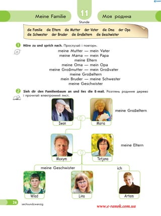 Stunde
26
11 Моя родинаMeine Familie
sechsundzwanzig
Höre zu und sprich nach. Прослухай і повтори.
meine Mutter — mein Vater
meine Mama — mein Papa
meine Eltern
meine Oma — mein Opa
meine Großmutter — mein Großvater
meine Großeltern
mein Bruder — meine Schwester
meine Geschwister
Sieh dir den Familienbaum an und lies die E-mail. Розглянь родинне дерево
і прочитай електронний лист.
Iwan
Maxym
Wlad Lina Artem
Tetjana
Maria
meine Großeltern
meine Eltern
meine Geschwister ich
die Familie die Eltern die Mutter der Vater die Oma der Opa
die Schwester der Bruder die Großeltern die Geschwister
www.e-ranok.com.ua
 