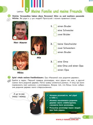 Lektion 2 Meine Familie und meine Freunde
33dreiunddreißig
Welche Verwandten haben diese Personen? Höre zu und markiere passende
Wörter. Які рідні є у цих людей? Прослухай і познач правильні слова.
1. einen Bruder
eine Schwester
zwei Brüder
2. keine Geschwister
zwei Schwestern
einen Bruder
3. eine Oma
eine Oma und einen Opa
einen Opa
Spiel «Male meinen Familienbaum». Гра «Намалюй моє родинне дерево».
Грайте в парах. Перший гравець розповідає, яких рідних він має, а другий
малює його родинне дерево. Потім гравці міняються ролями. У кінці гри вони
порівнюють свої малюнки з розповідями. Виграє той, хто більш точно зобра-
зив родинне дерево свого співрозмовника.
А це ти вже
знаєш i можеш.
 Можеш розповісти, які рідні
в тебе є.
 Можеш намалювати родинне
дерево свого співбесідника,
слухаючи його розповідь.
 Розумієш розповіді інших людей
про їхніх рідних.
1
Herr Maurer
2
Mia
3
Niklas
www.e-ranok.com.ua
 