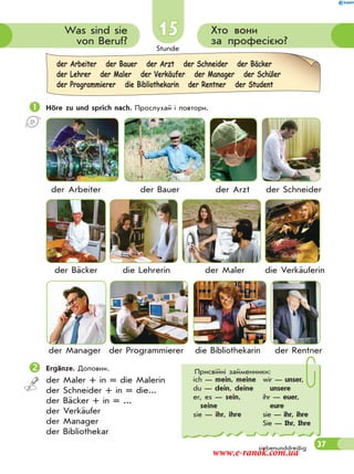 Stunde
37
15 Хто вони
за професією?
Was sind sie
von Beruf?
Höre zu und sprich nach. Прослухай і повтори.
робітник селянин лікар кравець
der Arbeiter der Bauer der Arzt der Schneider
пекар учитель художник продавець
der Bäcker die Lehrerin der Maler die Verkäuferin
менеджер програміст бібліотекар пенсіонер
der Manager der Programmierer die Bibliothekarin der Rentner
Ergänze. Доповни.
der Maler + in = die Malerin
der Schneider + in = die...
der Bäcker + in = ...
der Verkäufer
der Manager
der Bibliothekar
Присвійні займенники:
ich — mein, meine
du — dein, deine
er, es — sein,
seine
sie — ihr, ihre
wir — unser,
unsere
ihr — euer,
eure
sie — ihr, ihre
Sie — Ihr, Ihre
der Arbeiter der Bauer der Arzt der Schneider der Bäcker
der Lehrer der Maler der Verkäufer der Manager der Schüler
der Programmierer die Bibliothekarin der Rentner der Student
siebenunddreißig
www.e-ranok.com.ua
 