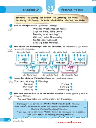 Stunde
68
Розклад уроківStundenplan
achtundsechzig
28
 Höre zu und sprich nach. Прослухай і повтори.
Welcher Wochentag ist heute?
Sagt mir bitte, liebe Leute!
Dienstag oder Montag?
Mittwoch oder Donnerstag?
Freitag oder Sonntag?
Samstag oder Montag?
Wie heißen die Wochentage? Lies und übersetze. Як називаються дні тижня?
Прочитай і переклади.
der Montag der Dienstag der Mittwoch der Donnerstag der Freitag
der Samstag der Sonntag die Mathe die Geschichte die Kunst das Werken
Nenne den nächsten Wochentag. Назви наступний день тижня.
M u s t e r: Montag  Dienstag
Samstag  Freitag 
Mittwoch  Sonntag 
Dienstag  Donnerstag 
Wie viele Stunden hast du in der Woche? Schreibe. Скільки уроків у тебе на
тиждень? Напиши.
Am Montag habe ich fünf Stunden, am Dienstag...
5. April
Freitag
6. April
Samstag
7. April
Sonntag
pppprriiiiiiiiiilllllllllll
4. April
Donnerstag
ppprrriiiiiiiilllllllll 7777777777 AAAAAAAAAAAA
3. April
Mittwoch
pprrrriiiiiiiilllllllll 666666666 AAAAAAAAA
2. April
Dienstag
555555555 AAAAAAAAAAAAAAp
1. April
Montag
der fünfte April der sechste April der siebente April
der erste April der zweite April der dritte April der vierte April
Відповідаючи на запитання «Welcher Wochentag ist das?» (Який це
день тижня?), ми вживаємо назви днів тижня в називному відмінку:
Heute ist Montag/Dienstag/Mittwoch...
А для відповіді на запитання «Wann?» (Коли?) до назви днів тижня додаємо
«am (an + dem)»: am Montag/Dienstag/Mittwoch...
www.e-ranok.com.ua
 