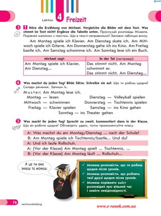 Lektion 4 Freizeit
76 sechsundsiebzig
 Höre die Erzählung von Michael. Vergleiche die Bilder mit dem Text. Was
stimmt im Text nicht? Ergänze die Tabelle unten. Прослухай розповідь Міхаеля.
Порівняй малюнки з текстом. Що в тексті неправильно? Заповни таблицю внизу.
Am Montag spiele ich Klavier. Am Dienstag skate ich. Am Mitt-
woch spiele ich Gitarre. Am Donnerstag gehe ich ins Kino. Am Freitag
bastle ich. Am Samstag schwimme ich. Am Sonntag lese ich ein Buch.
Michael sagt: In der Tat (насправді):
Am Montag spiele ich Klavier.
Am Dienstag...
Das stimmt nicht. Am Montag
schwimmt er.
Das stimmt nicht. Am Dienstag...
Was machst du jeden Tag? Bilde Sätze. Schreibe sie auf. Що ти робиш щодня?
Склади речення. Запиши їх.
M u s t e r: Am Montag lese ich.
Montag — lesen Dienstag — Volleyball spielen
Mittwoch — schwimmen Donnerstag — Tischtennis spielen
Freitag — Klavier spielen Samstag — ins Kino gehen
Sonntag — ins Theater gehen
Was macht ihr jeden Tag? Sprecht zu zweit, kommentiert dann in der Klasse.
Що ви робите щодня? Обговоріть удвох, потім прокоментуйте класу.
A: Was machst du am Montag/Dienstag ... nach der Schule?
B: Am Montag spiele ich Tischtennis/bastle... Und du?
A: Und ich laufe Rollschuh.
A: (Vor der Klasse) Am Montag spielt ... Tischtennis, ...
B: (Vor der Klasse) Am Montag läuft ... Rollschuh...
А це ти вже
знаєш та можеш.
 Можеш розповісти, що ти робиш
щодня після уроків.
 Можеш розповісти, що роблять
твої друзі щодня після уроків.
 Можеш порівняти зміст
розповідей про вільний час
і знайти невідповідності.
www.e-ranok.com.ua
 