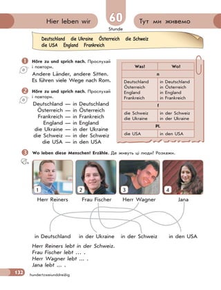 Stunde
132
Тут ми живемоHier leben wir 6060
hundertzweiunddreißig
 Höre zu und sprich nach. Прослухай
і повтори.
Andere Länder, andere Sitten.
Es führen viele Wege nach Rom.
 Höre zu und sprich nach. Прослухай
і повтори.
Deutschland — in Deutschland
Österreich — in Österreich
Frankreich — in Frankreich
England — in England
die Ukraine — in der Ukraine
die Schweiz — in der Schweiz
die USA — in den USA
 Wo leben diese Menschen? Erzähle. Де живуть ці люди? Розкажи.
1 2 3 4
Herr Reiners Frau Fischer Herr Wagner Jana
in Deutschland in der Ukraine in der Schweiz in den USA
Herr Reiners lebt in der Schweiz.
Frau Fischer lebt … .
Herr Wagner lebt ... .
Jana lebt ... .
Deutschland die Ukraine Österreich die Schweiz
die USA England Frankreich
Was? Wo?
n
Deutschland
Österreich
England
Frankreich
in Deutschland
in Österreich
in England
in Frankreich
f
die Schweiz
die Ukraine
in der Schweiz
in der Ukraine
Pl.
die USA in den USA
 