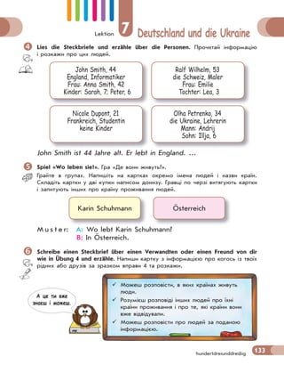 Lektion 7 Deutschland und die Ukraine
133hundertdreiunddreißig
 Lies die Steckbriefe und erzähle über die Personen. Прочитай інформацію
і розкажи про цих людей.
John Smith, 44
England, Informatiker
Frau: Anna Smith, 42
Kinder: Sarah, 7; Peter, 6
Nicole Dupont, 21
Frankreich, Studentin
keine Kinder
Ralf Wilhelm, 53
die Schweiz, Maler
Frau: Emilie
Tochter: Lea, 3
Olha Petrenko, 34
die Ukraine, Lehrerin
Mann: Andrij
Sohn: Illja, 6
John Smith ist 44 Jahre alt. Er lebt in England. …
 Spiel «Wo leben sie?». Гра «Де вони живуть?».
Грайте в групах. Напишіть на картках окремо імена людей і назви країн.
Складіть картки у дві купки написом донизу. Гравці по черзі витягують картки
і запитують інших про країну проживання людей.
Karin Schuhmann Österreich
M u s t e r: A: Wo lebt Karin Schuhmann?
B: In Österreich.
 Schreibe einen Steckbrief über einen Verwandten oder einen Freund von dir
wie in Übung 4 und erzähle. Напиши картку з інформацією про когось із твоїх
рідних або друзів за зразком вправи 4 та розкажи.
 Можеш розповісти, в яких країнах живуть
люди.
 Розумієш розповіді інших людей про їхні
країни проживання і про те, які країни вони
вже відвідували.
 Можеш розповісти про людей за поданою
інформацією.
А це ти вже
знаєш i можеш.
 
