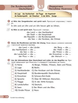 Stunde
134
die Lage das Nachbarland die Flagge die Hauptstadt
die Bundesrepublik der Einwohner in der Mitte Europa
6161 Федеративна
Республіка Німеччина
Die Bundesrepublik
Deutschland
hundertvierunddreißig
 a) Höre den Zungenbrecher und sprich nach. Прослухай скоромовку і повто-
ри.
In Ulm und um Ulm und um Ulm herum gibt es Ulmen.
b) Höre zu und sprich nach. Прослухай і повтори.
das Land — das Nachbarland
die Stadt — die Hauptstadt
die Republik — die Bundesrepublik
die See — die Nordsee, die Ostsee
 Nenne die Pluralformen und höre die Lösung. Назви форми множини іменників
і прослухай правильні відповіді.
das Land — die Länder der Berg — die ...
das Nachbarland — die ... der Wald — die ...
die See — die ... die Wiese — die ...
die Landschaft — die ... der Einwohner — die ...
der Fluss — die ... der Mensch — ...
 Lies die Informationen über Deutschland und ordne sie den Begriffen zu. Про-
читай інформацію про Німеччину й упорядкуй її відповідно до понять.
D 1) Name A) Berge, Wälder, Wiesen, Seen und Flüsse.
2) Lage B) Berlin.
3) Nachbarländer C) Die Nordsee und die Ostsee.
4) Hauptstadt D) Bundesrepublik Deutschland.
5) Einwohner E) Schwarz-Rot-Gold.
6) Sprache F) Über 82 Millionen Menschen.
7) Flagge G) In der Mitte Europas.
8) Landschaften H) Deutsch.
9) Seen I) Der Rhein und die Elbe.
10) Große Flüsse J) Neun.
 