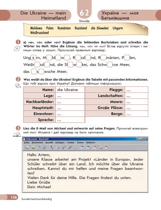 Stunde
136
Україна — моя
Батьківщина
Die Ukraine — mein
Heimatland
6262
hundertsechsunddreißig
 a) «a», «o» oder «u»? Ergänze die fehlenden Buchstaben und schreibe die
Wörter ins Heft. Höre die Lösung. «a», «o» чи «u»? Встав відсутні літери і на-
пиши слова у зошит. Прослухай правильні відповіді.
Ung a rn, M ld w , R ssl nd, R mänien, P len,
Weißr ssl nd, die Sl w kei, das Schw rze Meer,
das s wsche Meer.
 Was weißt du über die Ukraine? Ergänze die Tabelle mit passenden Informationen.
Що тобі відомо про Україну? Доповни таблицю інформацією.
Name: die Ukraine Flagge: ...
Lage: ... Landschaften: ...
Nachbarländer: ... Meere: ...
Hauptstadt: ... Große Flüsse: ...
Einwohner: ... Berge: …
Sprache: ...
 Lies die E-Mail von Michael und antworte auf seine Fragen. Прочитай електрон-
ний лист Міхаеля і дай відповіді на його запитання.
Hallo Artem,
unsere Klasse arbeitet am Projekt «Länder in Europa». Jeder
Schüler schreibt über ein Land. Ich möchte über die Ukraine
schreiben. Kannst du mir helfen und meine Fragen beantwor-
ten?
Vielen Dank für deine Hilfe. Die Fragen findest du unten.
Liebe Grüße
Dein Michael
Moldowa Polen Rumänien Russland die Slowakei Ungarn
Weißrussland
 