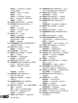 170 hundertsiebzig
lassen — залишати, кидати;
примушувати
laufen — бігти, іти пішки
leben — жити
lecker — смачний; смачно
leer — порожній; порожньо
legen — класти
der Lehrer (die Lehrer) — учитель
die Lehrerin (die Lehrerinnen) —
учителька
leider — на жаль
lernen — учитися, учити
lesen — читати
die Leute (Pl.) — люди
lieben — любити
lieber/liebes/liebe — любий/
любе/люба, любі
lieber — краще
das Lieblingsfest (die Lieblingsfeste) —
улюблене свято
das Lied (die Lieder) — пісня
liegen — лежати
die Limonade — лимонад
das Lineal (die Lineale) — лінійка
links — ліворуч
die Literatur — література
lockig — кучерявий
der Löwe (die Löwen) — лев
der Luftballon (die Luftballone/Luftbal-
lons) — повітряна кулька
lustig — веселий; весело
M
machen — робити
das Mädchen (die Mädchen) —
дівчина, дівчинка
mag (від mögen) — люблю,
любить
das Maiglöckchen (die Maiglöck-
chen) — конвалія
das Mal (die Male) — раз: zum ersten
Mal — вперше
mal — раз; -но (наприклад,
Rate mal! — Відгадай-но!)
malen — малювати
der Maler (die Maler) — художник
der Malkasten (die Malkästen) — ком-
плект (коробка) для малювання
die Mama (die Mamas) — мама
manchmal — інколи
der Mann (die Männer) — чоловік
der Mantel (die Mäntel) — пальто
das Mäppchen (die Mäppchen) —
пенал
markieren — помічати, виділяти
der Markt (die Märkte) — ринок,
базар
die Maus (die Mäuse) — миша
das Medikament (die Medikamente) —
ліки
das Meer (die Meere) — море
das Meerschweinchen (die Meer-
schweinchen) — морська свинка
mehr — більше
mein/meine — мій, моє/моя, мої
die Meise (die Meisen) — синиця
(die) meisten — більшість
meistens — здебільшого
die Melone (die Melonen) — диня
der Mensch (die Menschen) — людина
merken — помічати, merken,
sich — запам’ятати
die Milch — молоко
die Million (die Millionen) — мільйон
mit — з, зі, із
miteinander — один з одним
der Mitschüler (die Mitschüler) —
шкільний товариш, однокласник
die Mitte (die Mitten) — середина; in
der Mitte — в середині
der Mittwoch (die Mittwoche) —
середа
die Möbel (Pl.) — меблі
möchte — хотілося би
modern — сучасний; сучасно
mögen — любити
die Möhre (die Möhren) — морква
Moldowa — Молдова
der Monat (die Monate) — місяць
der Mond — Місяць (супутник Землі)
der Montag (die Montage) —
понеділок
 